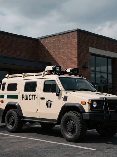 Dramatic editorial photography of a marked tactical security patrol vehicle parked outside a modern brick command center building, cool overcast sky, deep shadows, 35mm