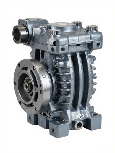 High-resolution studio shot of a heavy-duty hydraulic pump for a JCB machine, isolated on a clean white background, crisp technical studio lighting, cool gray and blue tones, sharp focus, 50mm.