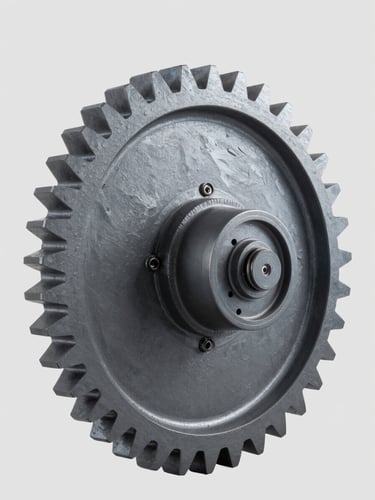 High-resolution studio shot of a large gear assembly for an XCMG loader, isolated on a clean gray background, crisp technical studio lighting, cool gray and blue tones, sharp focus, 50mm.