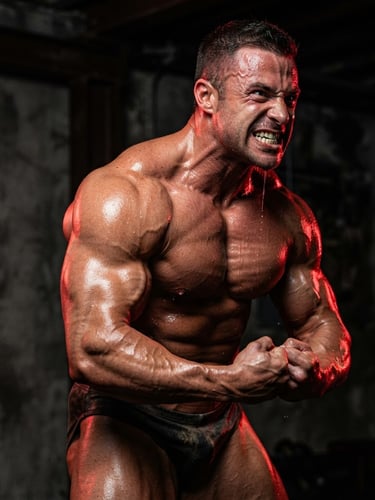 Dramatic, high-contrast portrait of a male bodybuilder mid-flex, sweat glistening, with sharp red rim lighting against a dark, textured background, 85mm