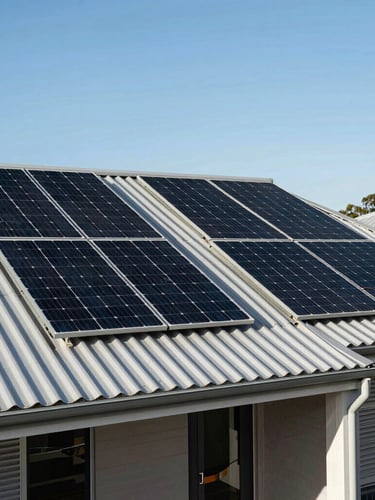 Wide architectural shot of a modern Perth home with a colorbond roof and premium black solar panels under a bright, crisp Western Australian sky