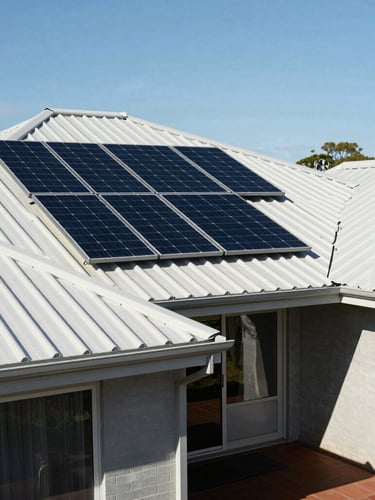 A clean, modern Perth home with Colorbond roofing and neatly installed solar panels under bright Western Australian daylight.