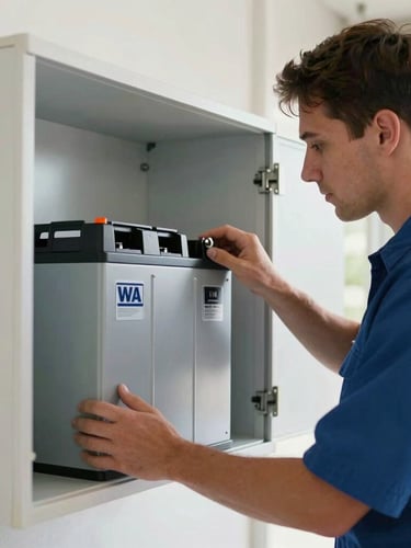 Close-up of a professional uniformed WA electrical technician neatly mounting a modern home battery enclosure in a clean garage setting, natural bright daylight
