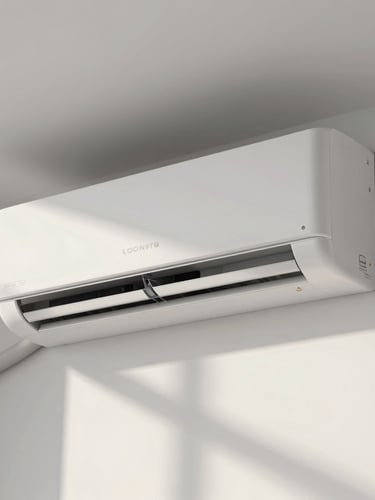 Close-up of a modern, sleek indoor split-system air conditioner unit mounted on a clean white wall, soft sunlight filtering through a window, highlighting the minimalist design and clean installation lines.