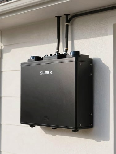 Sleek, modern home battery system mounted neatly on a garage wall, clean electrical conduits, professional workmanship in bright daylight.