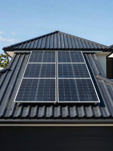 Straight-on architectural shot of a modern Perth home with clean solar panels on a dark colorbond roof under bright, crisp Western Australian daylight.