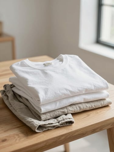 A serene sunlit loft with a neatly folded stack of soft cotton t-shirts and neutral-toned linen trousers on a wooden table, soft natural daylight, shallow depth of field