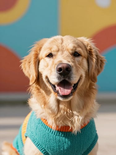 Close-up of a happy Golden Retriever wearing a colorful knitted teal sweater, looking directly at the camera, warm natural sunlight, soft focus background