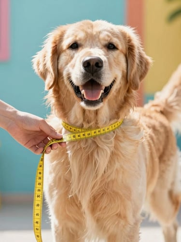 A cheerful golden retriever standing calmly while a warm hand gently wraps a yellow measuring tape around its chest, bright natural light, colorful background.
