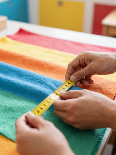 Close-up of artisan hands carefully measuring colorful soft cotton fabric with a yellow tape measure in a bright, sunny workshop in Celaya.