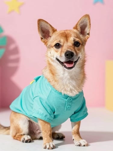 Vibrant pet photography, bright warm natural daylight, colorful playful pink backdrop, sharp focus, shallow depth of field. A happy small dog wearing a colorful handmade turquoise summer shirt, looking directly at the camera.