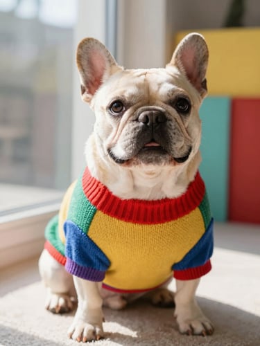 A happy, comfortable French Bulldog wearing a custom-tailored colorful knit sweater, looking up with a soft smile, bright warm natural daylight from a window, shallow depth of field.