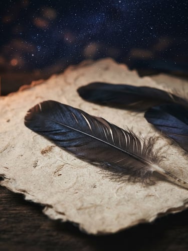 Macro close-up of delicate raven feathers resting on vintage deckled-edge paper, illuminated by soft candlelight, dark moody atmosphere with starlight in background, deep indigo and dusty rose tones.