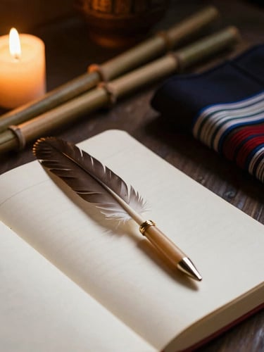 Macro close-up of vintage deckled-edge notebook paper, a delicate feather resting on it, soft candlelight glow, deep shadows, luminous highlights, dark moody photography