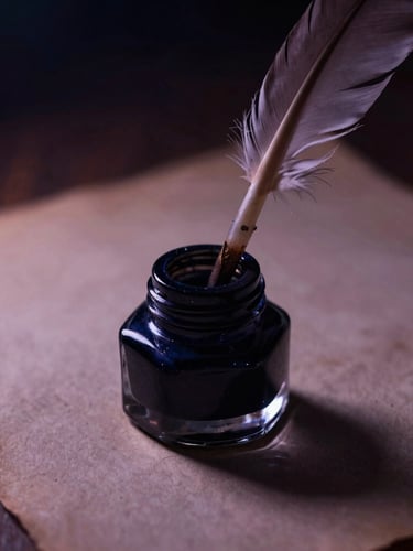 Macro close-up of an antique ink well with a delicate feather quill pen, resting on deckled-edge paper under soft candlelight, deep shadows and luminous highlights, dark moody photography.