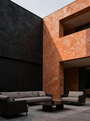 Low-angle architectural shot of a luxury Riyadh villa living room, high-contrast side lighting casting soft shadows on textured plaster walls, minimalist furniture, 35mm lens, premium architectural photography
