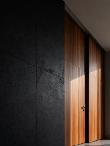 Low-angle architectural shot of a luxury Riyadh villa interior, dramatic side-lighting highlighting a seamless transition between a dark textured wall and warm wood panels, premium architectural photography, 35mm lens.