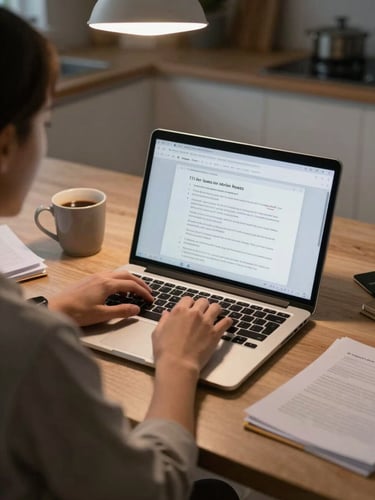 Over-shoulder view of a teacher's hands on a laptop keyboard at a kitchen table, late evening, warm overhead light casting a soft glow on an open browser with a lesson document visible on screen, coffee mug to the side, papers stacked nearby, available indoor light, no staging