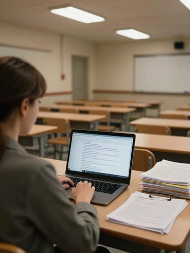 Over-shoulder view of a classroom teacher seated at a desk in an empty classroom after hours, laptop open with a lesson plan visible on screen, warm overhead fluorescent light, stacks of papers and a gradebook to the side, quiet institutional environment
