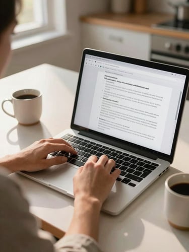 Over-shoulder shot of a teacher's hands resting on a laptop keyboard at a kitchen table, a lesson document visible on the screen, warm late-afternoon window light coming from the left, coffee mug at the corner of the frame, no face visible