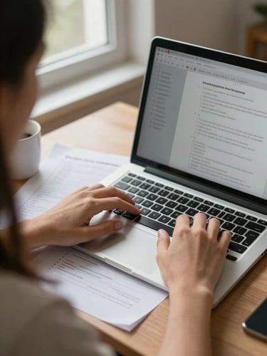 Close-up over-shoulder shot of a tutor's hands on a laptop keyboard at a home-office desk, a printed student worksheet beside the keyboard, soft daylight from a window to the left, coffee mug partially in frame, focused and quiet atmosphere