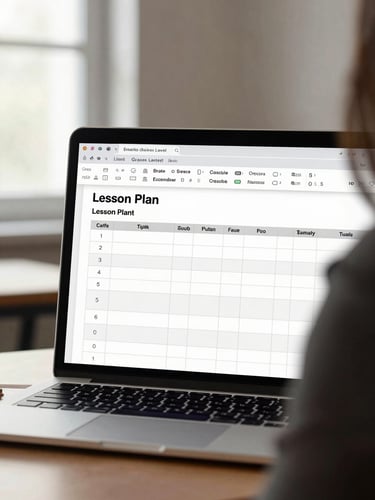Tight over-shoulder screen-detail shot of a laptop showing a clean lesson plan document with grade-level headers and a rubric table, available daylight from a window to the left, empty classroom desk surface visible at the bottom edge