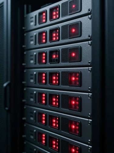 Cinematic close-up of a secure network server with sharp crimson status lights, high-contrast low-key lighting, steel gray tones.