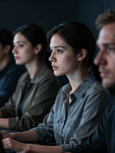 Dramatic cinematic medium close-up of diverse adults in a dark, focused cybersecurity training environment, cool blue rim lighting, steel gray tones, 35mm lens
