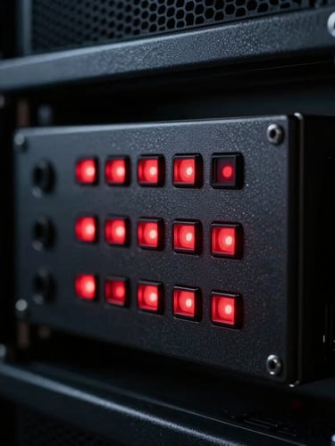 A close-up of a secure hardware device with glowing red status indicators on a server rack, dark technical environment, high contrast.