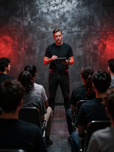 Cinematic portrait of a cybersecurity instructor teaching a diverse Texas community group, low-key dramatic lighting, steel gray background with crimson highlights.