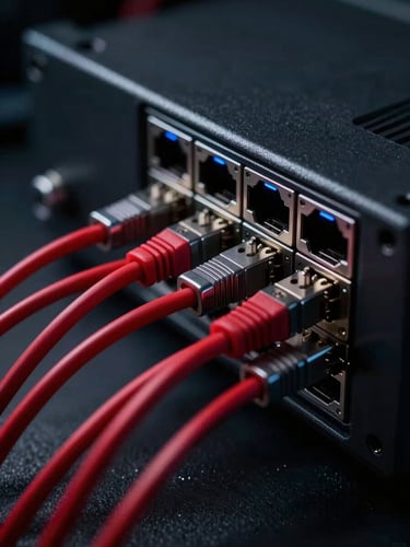 A serious, close-up shot of locked network hardware with cool metallic blue status lights and sharp crimson red fiber cables, dark technical background, high contrast cinematic lighting.
