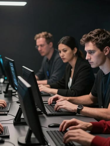 A serious community training environment with focused diverse adults learning cybersecurity, dramatic low-key rim lighting, cinematic 35mm lens