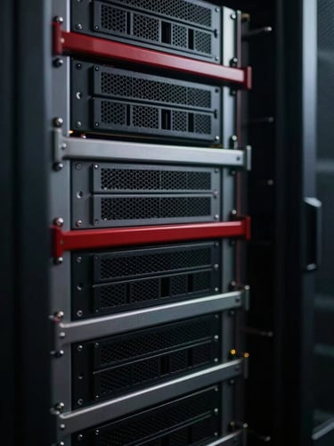 A close-up of a secure encrypted server rack with sharp crimson and steel gray metallic lines, focused low-key lighting, 35mm lens