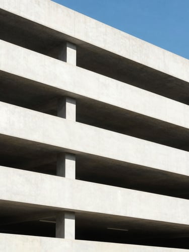 Sharp architectural photography of a modern multi-level parking garage with clean concrete lines, bright daylight, high contrast.