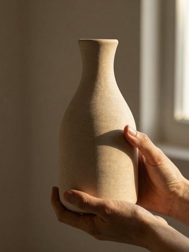 Close-up of hands holding an organic ceramic bottle, soft golden-hour daylight, warm earth tones, muted background, 35mm editorial photography