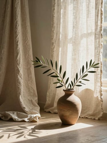 A serene, sun-drenched meditation space with soft linen drapes, olive branches in a clay vase, warm daylight shadows, 35mm editorial photography