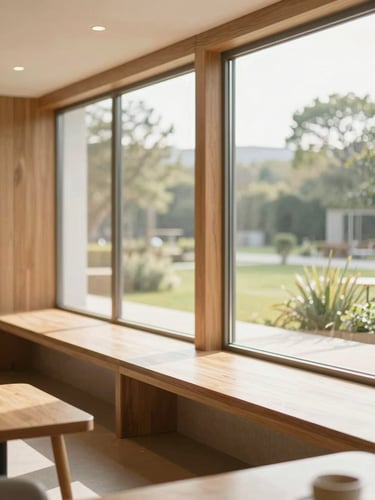 Bright editorial photography of a sun-drenched modern common area with natural wood accents and large windows looking out to landscaped grounds, soft morning light, shallow depth of field.