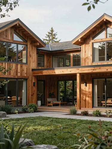 Bright editorial photography of a modern Pacific Northwest estate courtyard, soft natural morning light, warm cedar wood accents, spacious landscaped grounds.