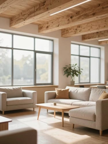 Bright editorial photograph of a modern common room with high ceilings, natural wood beams, large windows with morning sunlight pouring in, soft focus on comfortable seating