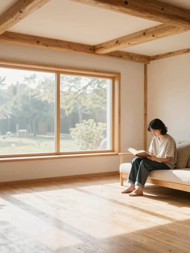 Medium-wide environmental shot of a cozy, sun-drenched common room with natural wood timbers, a resident reading near a large window with soft morning light.