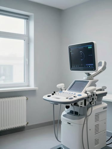 Wide clinical consultation room interior, right-side bleed composition — a modern ultrasound machine in sharp focus occupying the right two-thirds of the frame, clean white surfaces and soft gray walls, even natural daylight from a window at left, no people visible, shot from a low environmental angle emphasizing the room's professional calm