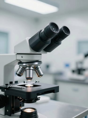 Close-up environmental shot, left-side bleed — laboratory microscope on a clean stainless steel bench, sharply focused eyepiece and objective lens in the center-left of frame, soft diffused clinical overhead lighting, sterile white background, no faces or people, tight depth of field isolating the instrument
