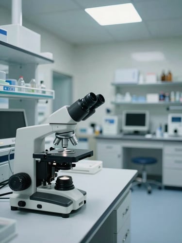 Wide interior shot of a clinical laboratory space, a high-magnification microscope on a clean white bench to the left foreground, sterile equipment arranged in the background, even fluorescent and daylight mix, no people visible, orderly and precise atmosphere