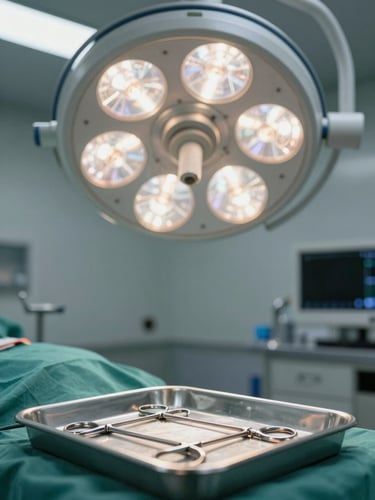 Close-up environmental shot inside a laparoscopy suite, surgical instruments arranged on a sterile tray in the foreground, operating light overhead casting even clinical illumination, no staff or patients visible, clean and precise