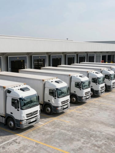 Wide-angle industrial editorial photography of a modern transport fleet lined up at a high-capacity concrete loading dock under crisp daylight, cool ambient tones