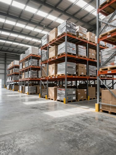 Wide environmental shot of a modern high-capacity logistics warehouse in India, clean industrial concrete floors, organized steel shelving systems, natural daylight filtering through high windows, 35mm architectural lens.