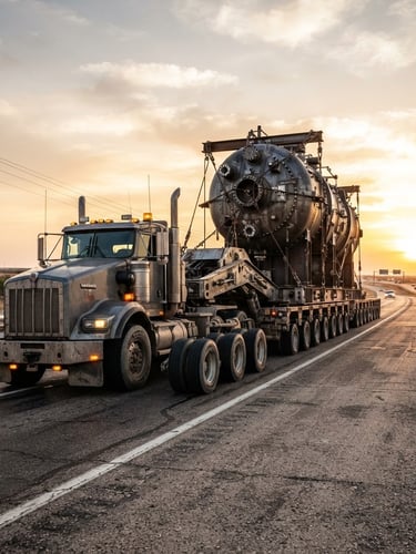Low-angle shot of a massive multi-axle heavy-haul trailer carrying an oversized industrial component on a Texas highway at golden hour, sharp focus, high-contrast metallic tones, gritty industrial photography.