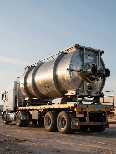 Low-angle hero shot of a multi-axle heavy-haul trailer, loaded with an oversized industrial component, parked in a Texas yard at golden hour, sharp focus, high-contrast metallic tones.