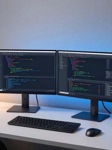 A clean modern workspace with dual monitors displaying code and analytics, warm desk lamp, ambient blue backlighting, premium tech aesthetic.