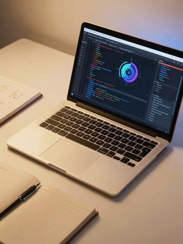 An overhead shot of a clean, modern workspace with a laptop displaying code and AI interfaces, a notebook with diagrams, warm ambient lighting with a golden hue, premium editorial photography.